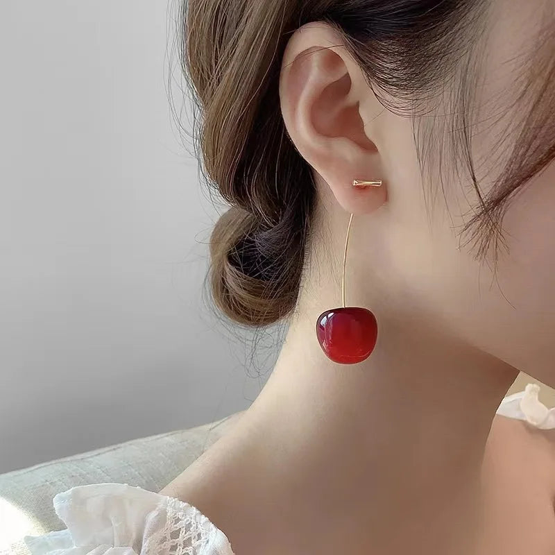 Sweet Red Cherry Earrings – Delicate Fruit Design Drop Dangle Earrings for Women, Perfect for Weddings and Parties