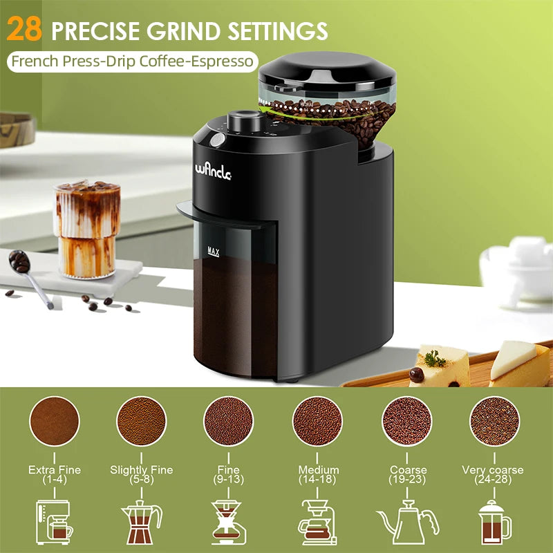 Wancle Electric Burr Coffee Grinder - Adjustable Conical Mill with 28 Grind Settings (220V/120V)