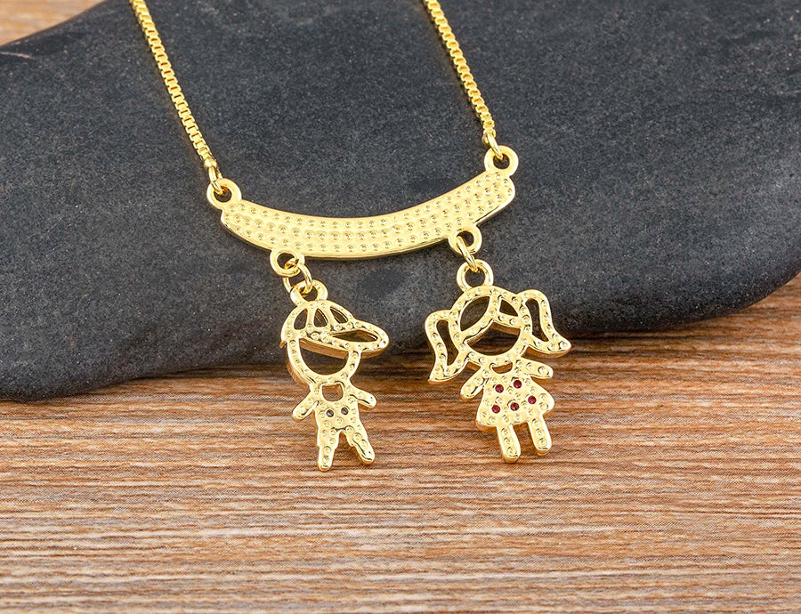 Nidin Gold-Plated Mom and Daughter Pendant Necklace with Cubic Zirconia, Elegant Mother's Day Jewelry Gift