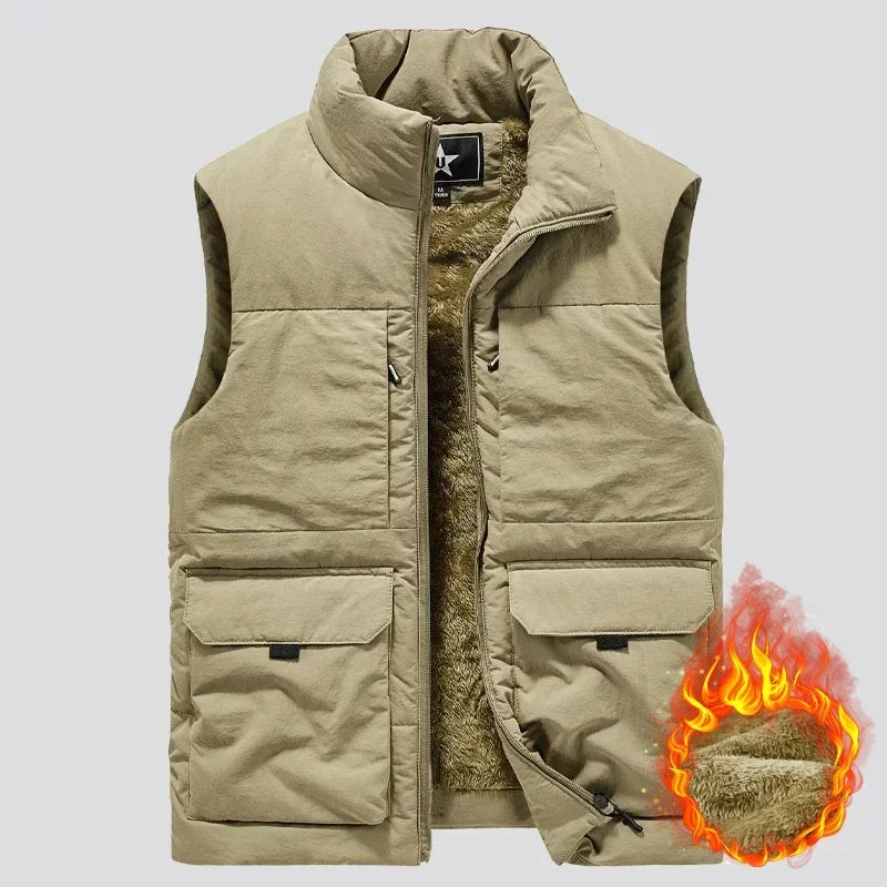 Men&#39;s Vests for Fall Winter Padded and Thickened Workwear Jacket Multi-pocket Stand-up Collar Undershirt Men&#39;s Outdoor Shoulder