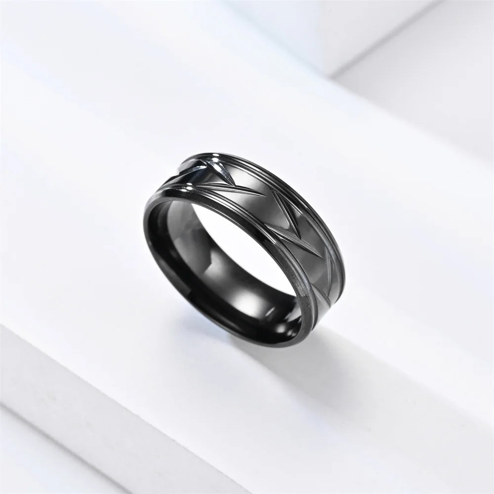 Men&#39;s Multi-Faceted Silver &amp; Black Stainless Steel Ring – Grooved Design for Engagement or Anniversary Gifts