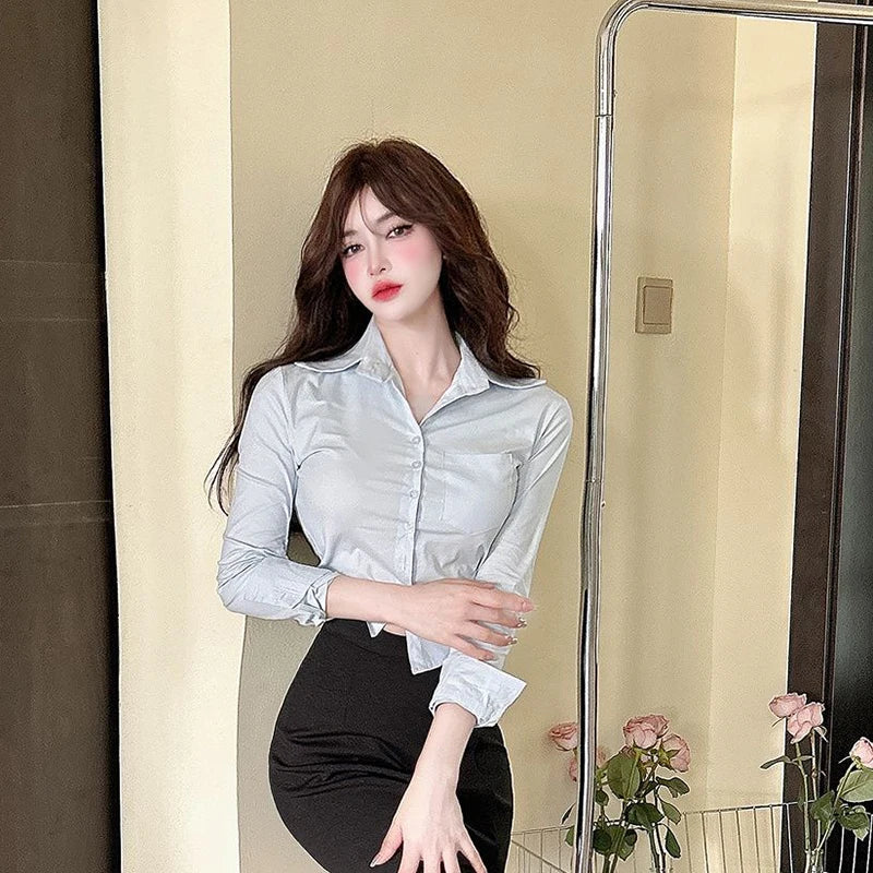 Women&#39;s Elegant Slim Blouse: Korean Y2K Cropped Shirt for Casual &amp; Office Wear