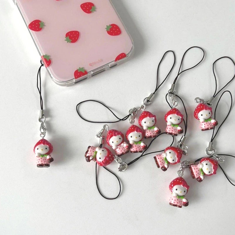 Kawaii Strawberry Hello Kitty Phone Pendant: Cute DIY Keychain for Backpack Decoration