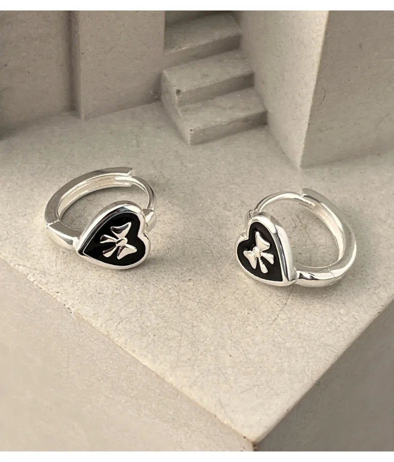 Silver Heart Butterfly Bow Hoop Earrings for Women, Elegant Korean Style Minimalist Fashion Jewelry
