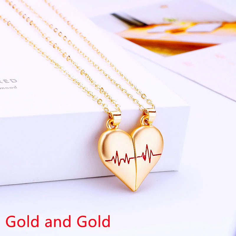 Magnetic Heart Couple Necklace – Electrocardiogram Pendant Splicing Design, Perfect Valentine&#39;s Day Gift