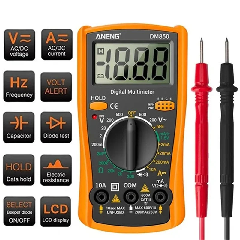 Portable LCD Digital Multimeter – AC/DC Voltage, Diode Tester, Current and Resistance Meter, Ammeter Multitester with Test Probes