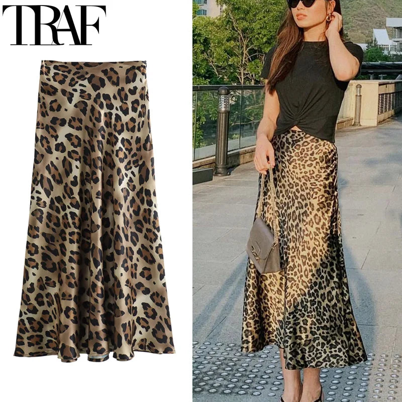 Women&#39;s High-Waist Leopard Print Midi Skirt: Elegant Vintage Satin Fall Skirt