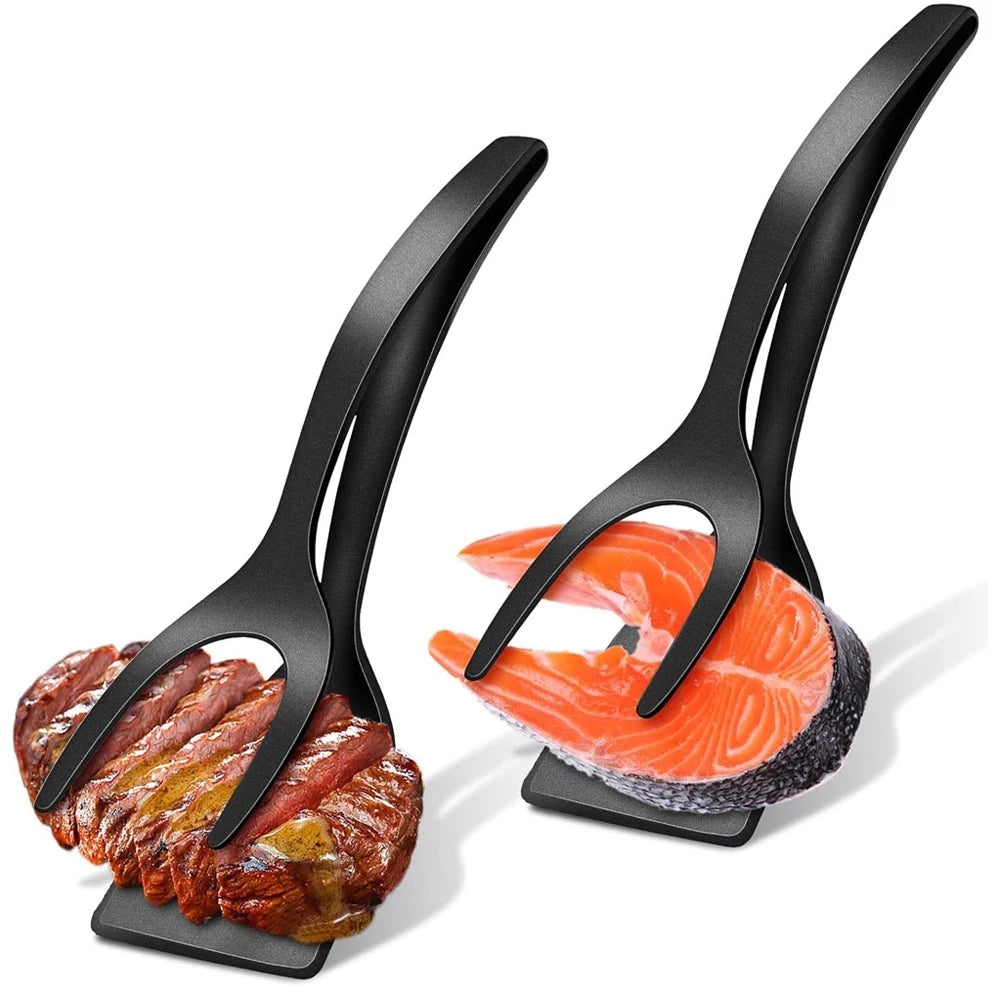 2-in-1 Grip Flip Spatula Tongs: Non-Stick Nylon Egg Flipper for Pancakes, Fish, French Toast, and Omelets