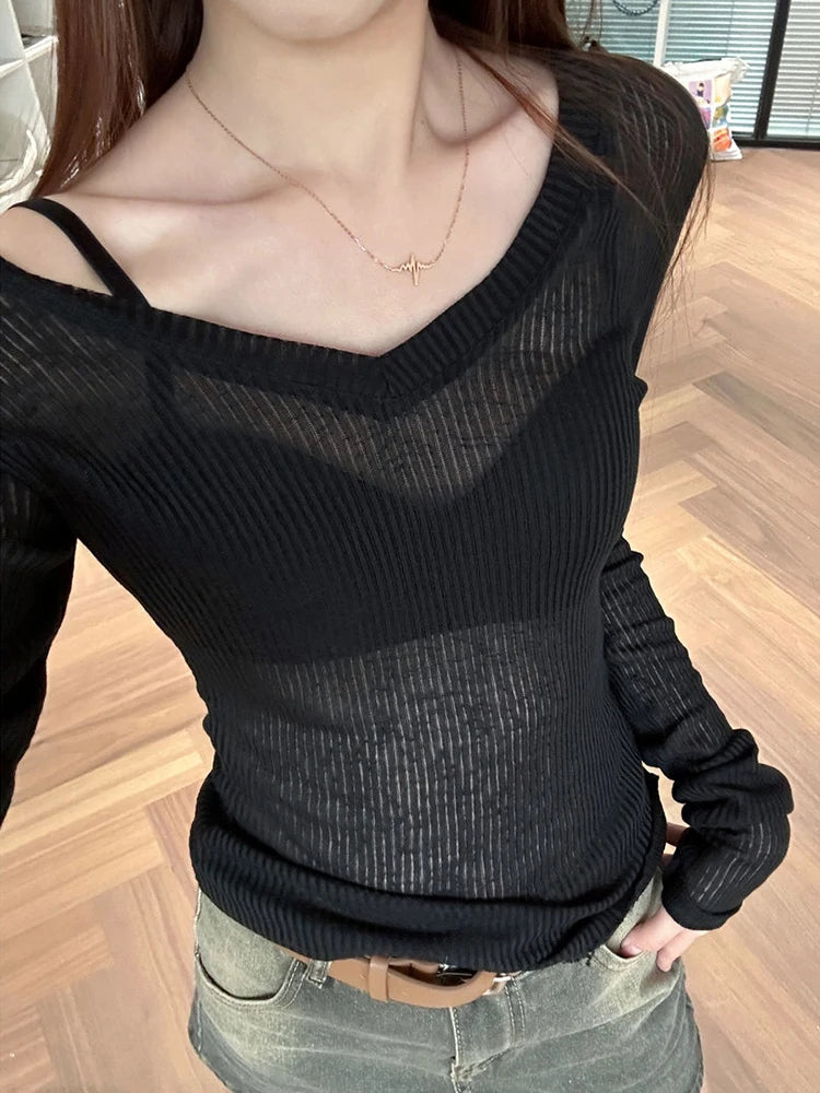 Women&#39;s Long Sleeve Thin Perspective T-Shirt: Slim Casual Summer Tee for Y2K Streetwear