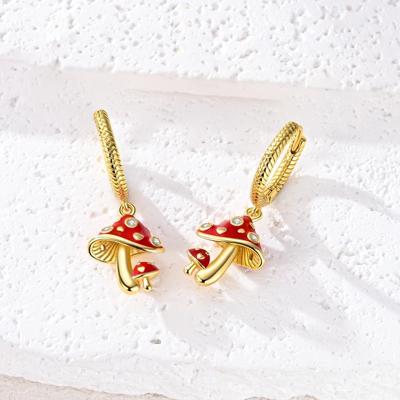 Original 925 Sterling Silver Fruit Hoop Earrings for Women, Cute Cherry Strawberry and Mushroom Charm Earrings, Fashion Jewelry Gift