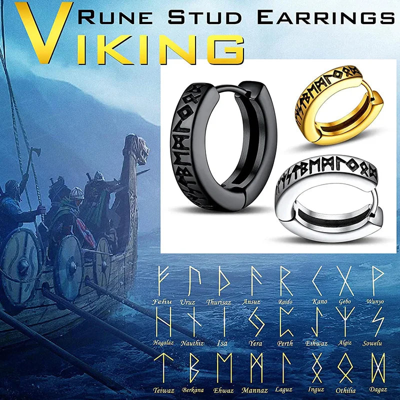 Stainless Steel Viking Rune Hoop Earrings – Unisex 12mm Huggie Earrings for Men and Women