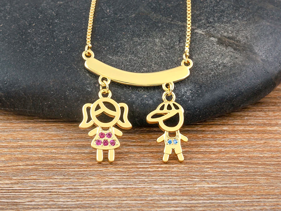 Nidin Gold-Plated Mom and Daughter Pendant Necklace with Cubic Zirconia, Elegant Mother's Day Jewelry Gift