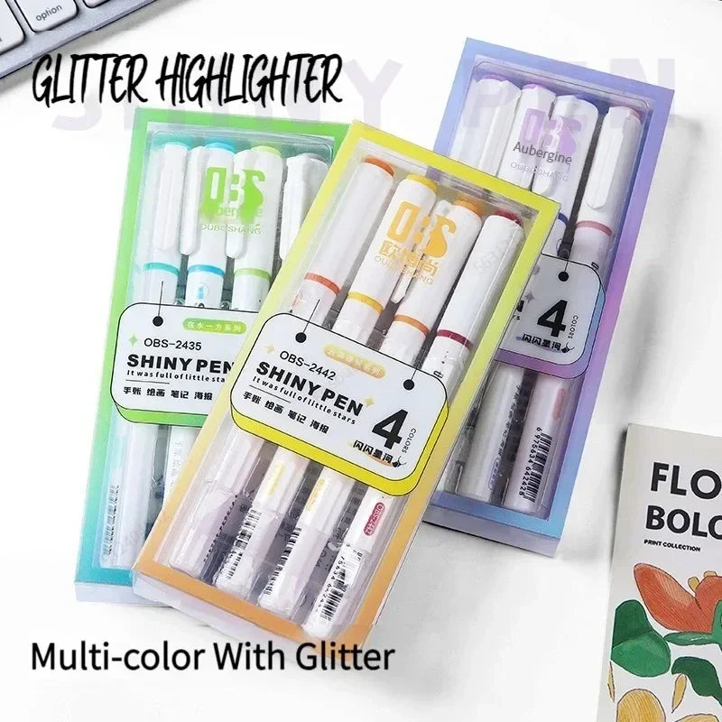 4-Color Kawaii Glitter Highlighter Pen Set - Pastel Markers for Scrapbooking