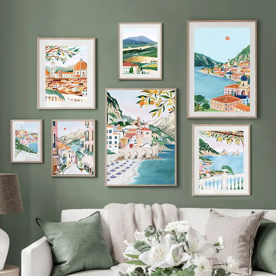 Amalfi Coast, Lake Garda, Sicily, Lake Como Art Print: Nordic Canvas Poster for Living Room Decor