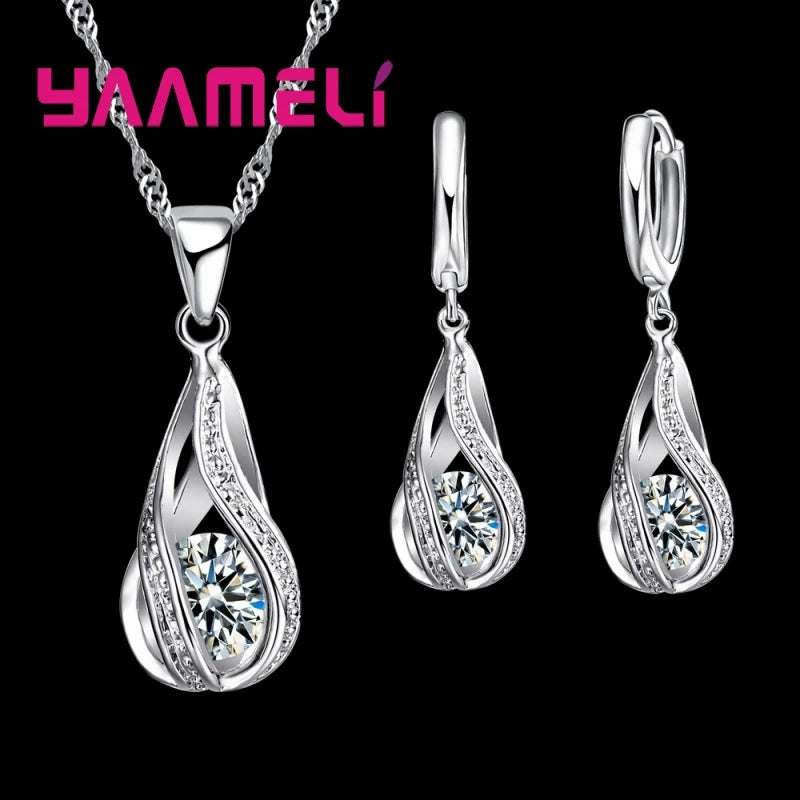 925 Sterling Silver Cubic Zircon Bridal Jewelry Set for Women, Crystal Necklace and Earrings, Elegant Wedding Gift
