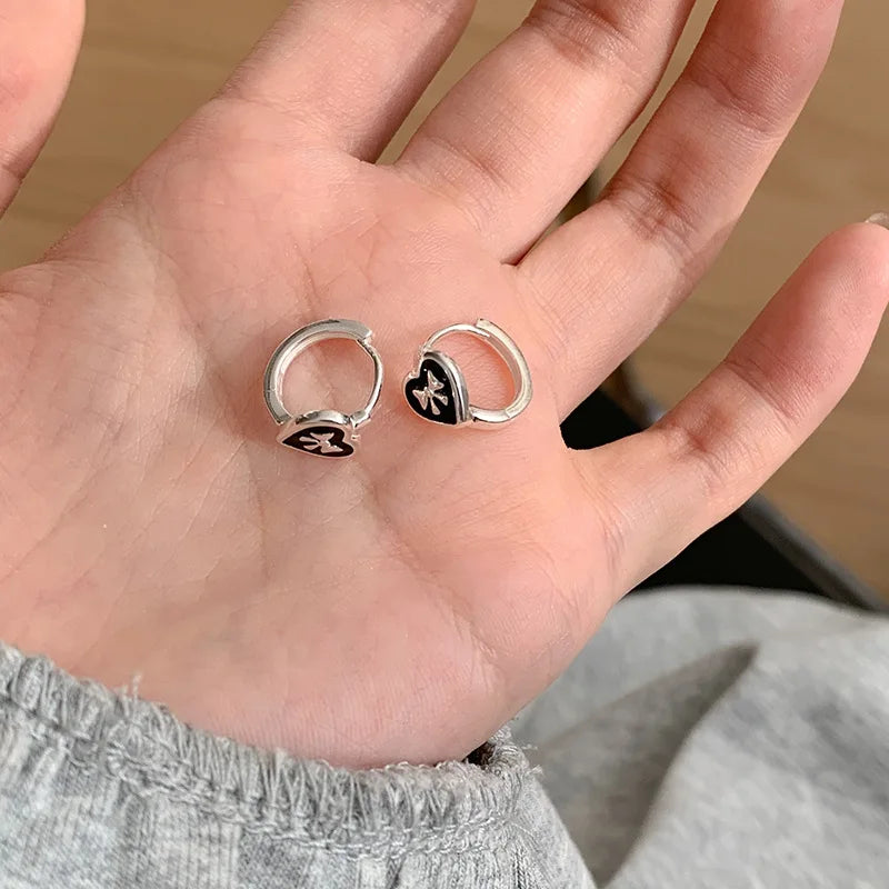Silver Heart Butterfly Bow Hoop Earrings for Women, Elegant Korean Style Minimalist Fashion Jewelry