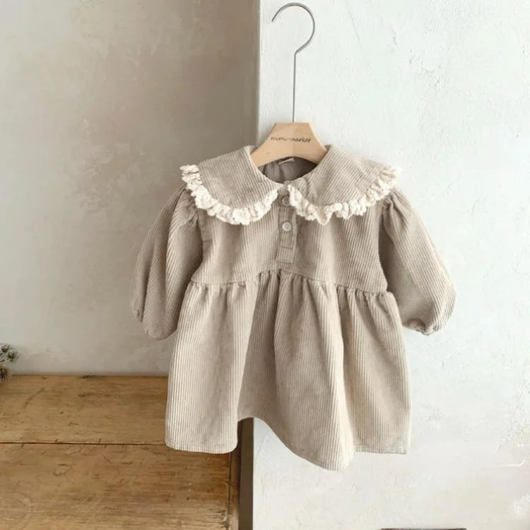 Spring Toddler Girls Dress – Corduroy Dress with Lace Ruffles and Full Sleeves