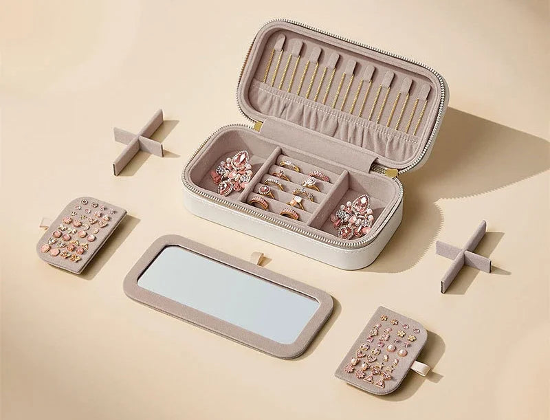 Portable Large Capacity Jewelry Storage Box with Double Metal Zipper, Mirror Compartment for Earrings, Necklaces and Accessories