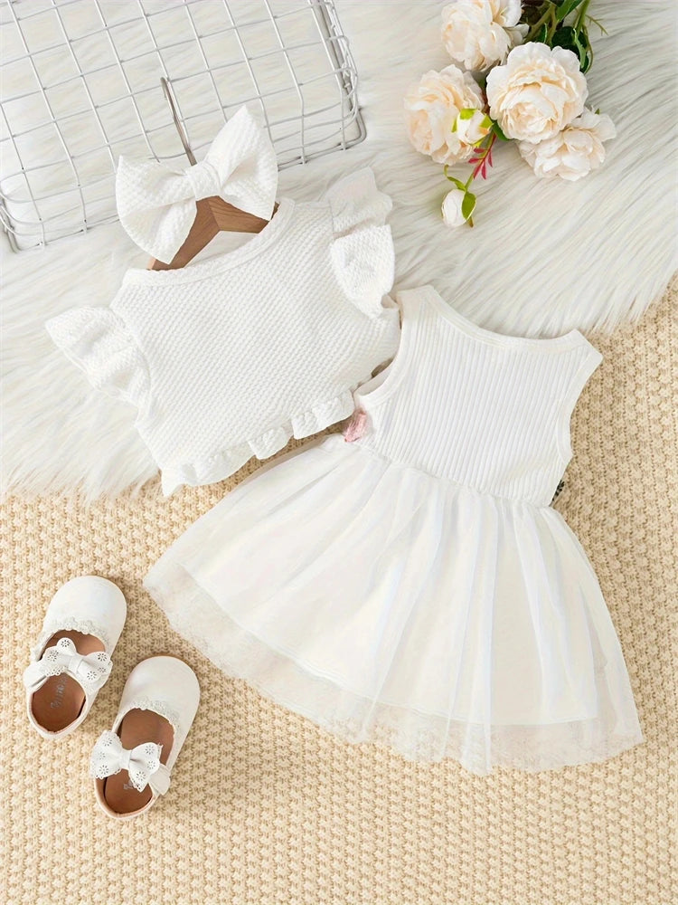 2024 Newborn Baby Girls Dress – Sleeveless Summer Lace Mesh Top with Flower Waist