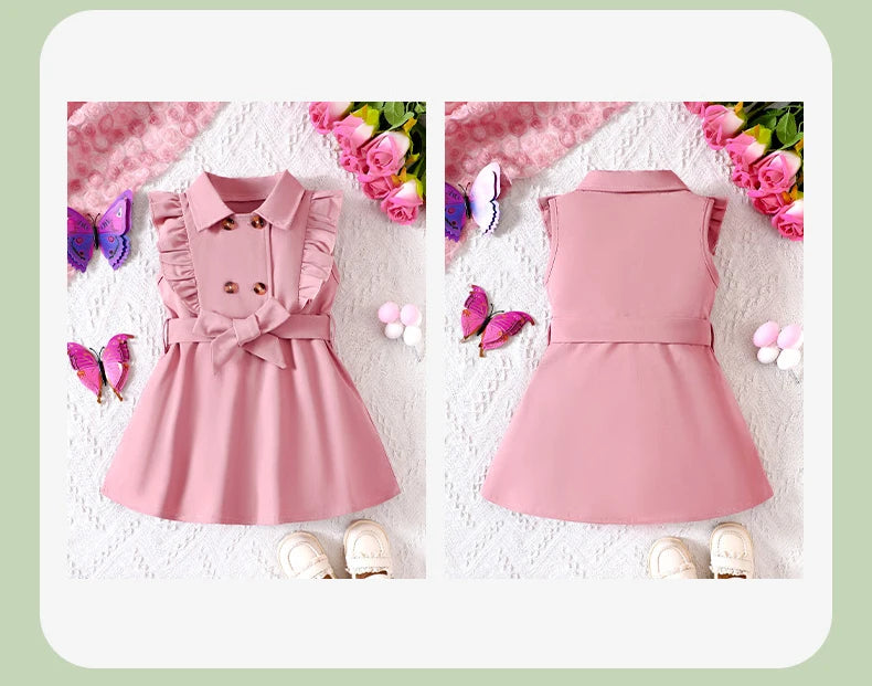 Wholesale Kids Girls Retro Solid Color Trench Dress – Belted, Double-Breasted Elegant Summer Baby Dress