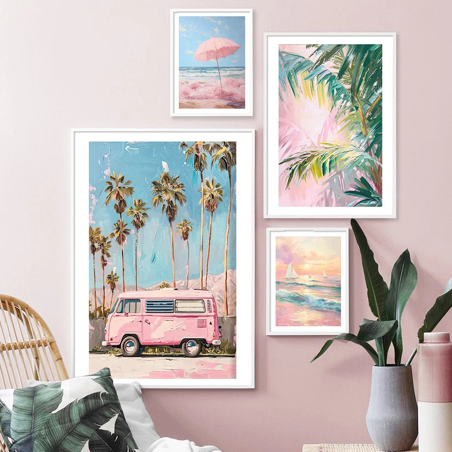 Pink Coastal Beach Umbrella Print: Preppy Canvas Poster for Girly Dorm and Living Room Decor