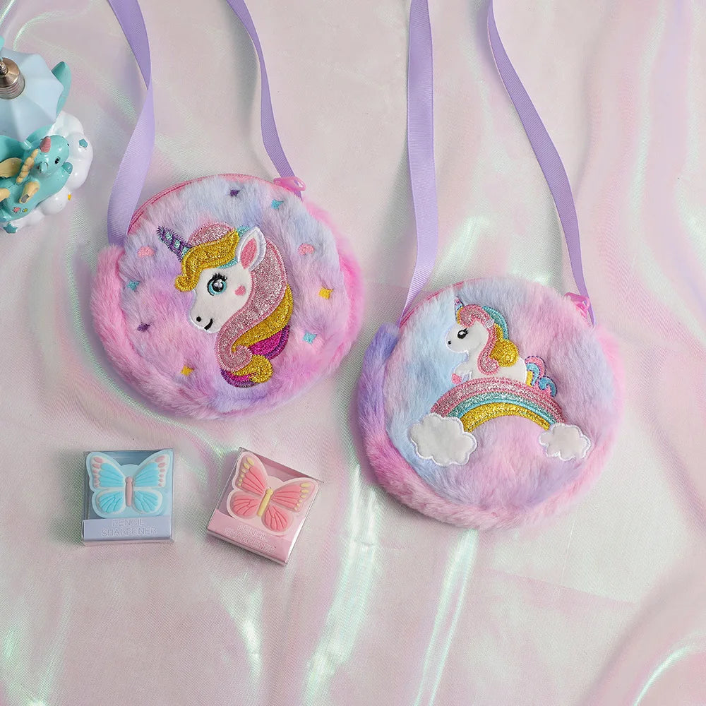 2PC Cartoon Unicorn Crossbody Bag - Cute Plush Shoulder Bag for Kids, Ideal for School &amp; Holidays