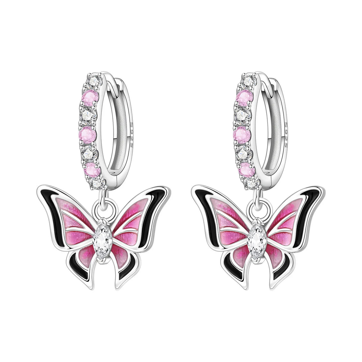 Original 925 Sterling Silver Pink Paw Print Earrings with Zircon, Heart Flower and Leaf Design, Elegant Women's Party Jewelry Gift