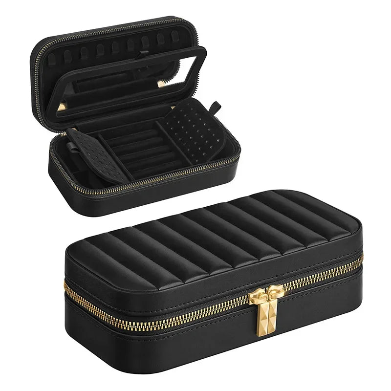Portable Large Capacity Jewelry Storage Box with Double Metal Zipper, Mirror Compartment for Earrings, Necklaces and Accessories