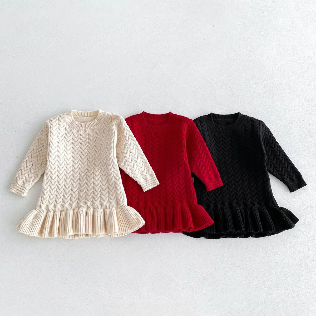 Autumn and Winter Korean Girls Sweater Dress – Long Sleeve Knitted Ruffle Dress with Twist Design and Round Neck