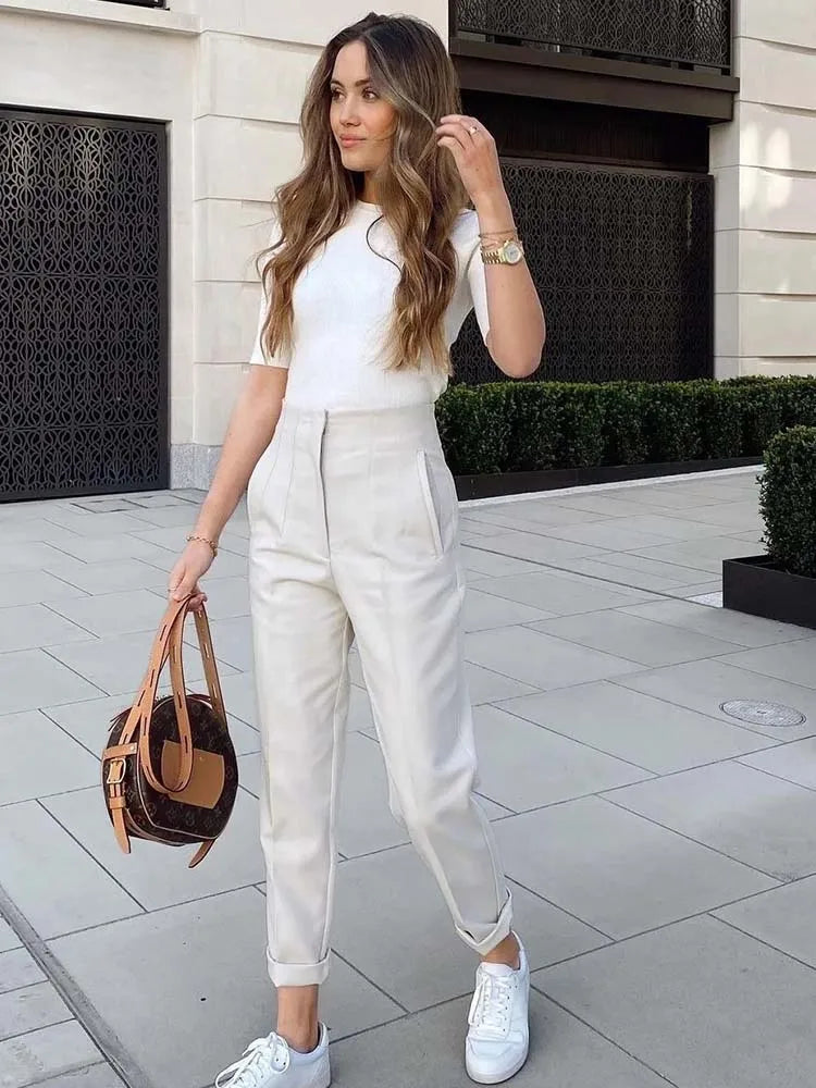 High-Waist Pencil Pants: Seam Detail Ankle Trousers for Autumn Office Wear