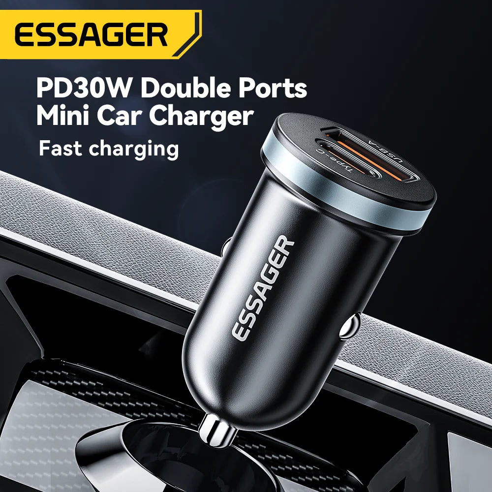 Essager 30W USB-C Car Charger – Quick Charger with PD, QC 3.0, SCP, 5A Fast Charging for iPhone, Xiaomi, Samsung