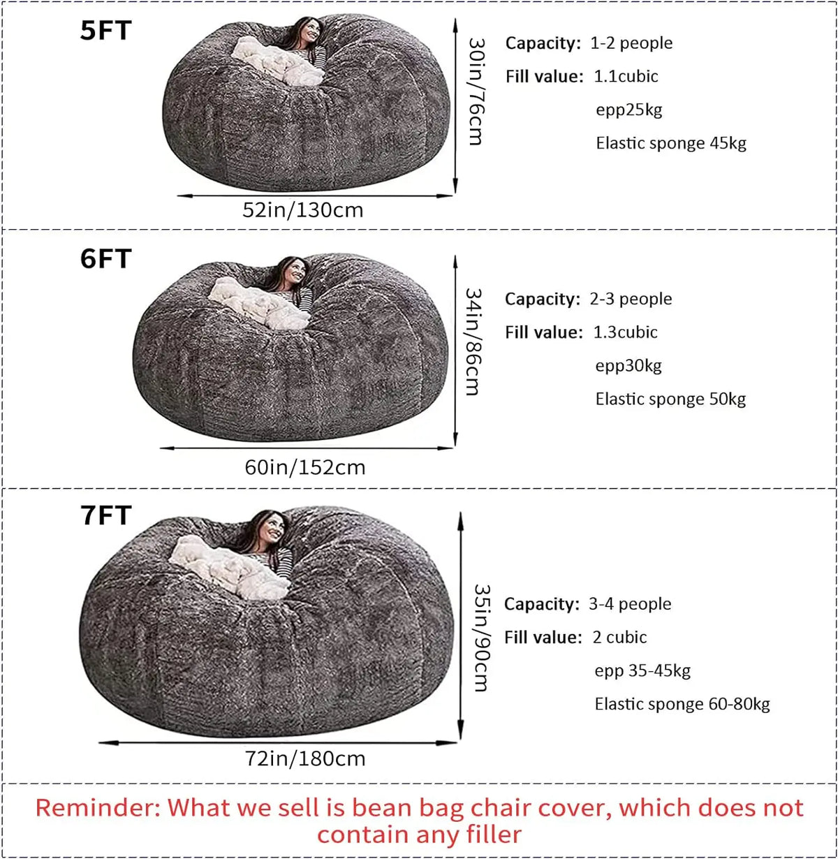 Giant Fur Bean Bag Chair Cover: Soft Fluffy Faux Fur for Kids and Adults