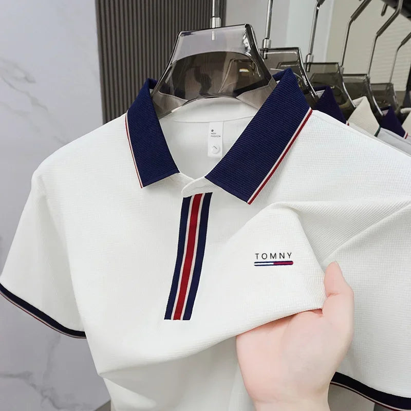 Men's Luxury Ice Silk Polo Shirt, Breathable Short Sleeve Business Casual Golf T-Shirt for Summer