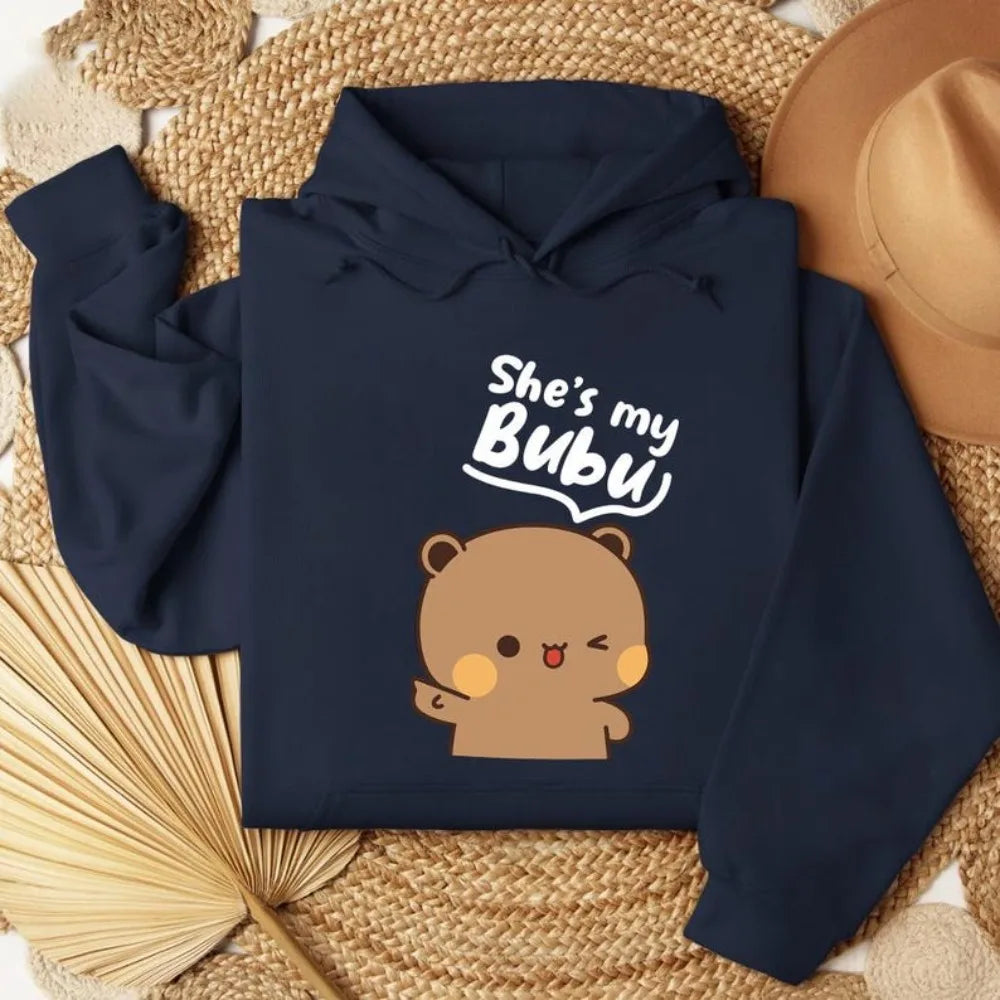 Bubu Dudu Bear Matching Couple Hoodies for Men and Women, Cute His and Hers Pullover Sweatshirts, Casual Fall Winter Outfit
