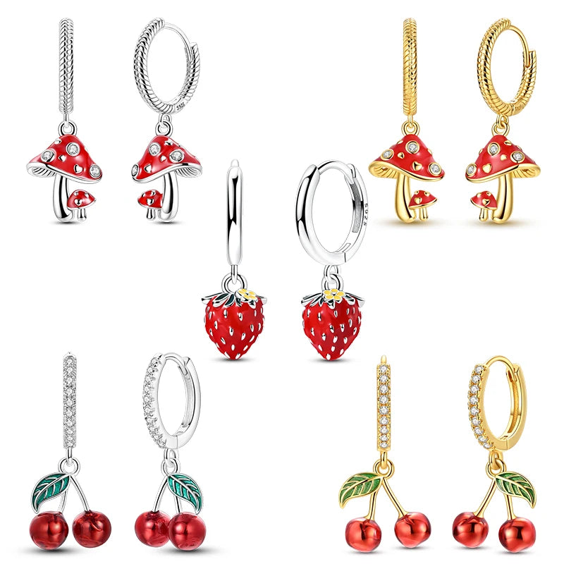 Original 925 Sterling Silver Fruit Hoop Earrings for Women, Cute Cherry Strawberry and Mushroom Charm Earrings, Fashion Jewelry Gift