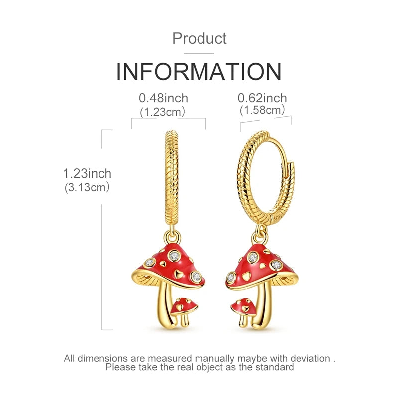 Original 925 Sterling Silver Fruit Hoop Earrings for Women, Cute Cherry Strawberry and Mushroom Charm Earrings, Fashion Jewelry Gift
