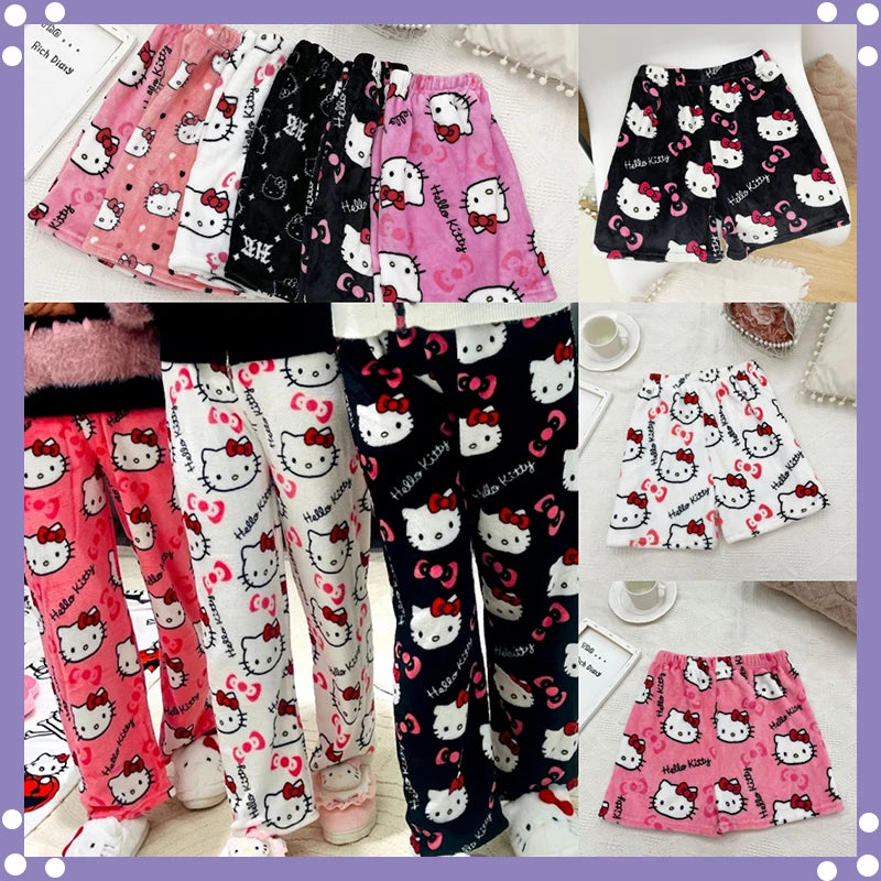 Sanrio Hello Kitty Y2K Kawaii Flannel Pajamas – Women’s Warm Woolen Cartoon Casual Home Pants, Autumn and Winter Fashion Trousers