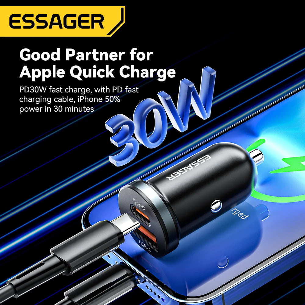 Essager 30W USB-C Car Charger – Quick Charger with PD, QC 3.0, SCP, 5A Fast Charging for iPhone, Xiaomi, Samsung