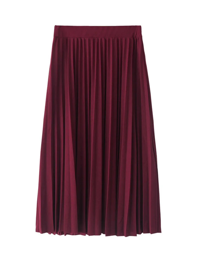 Spring &amp; Autumn Women&#39;s High-Waist Pleated Elastic Skirt: Solid Color Half-Length in Black &amp; Pink