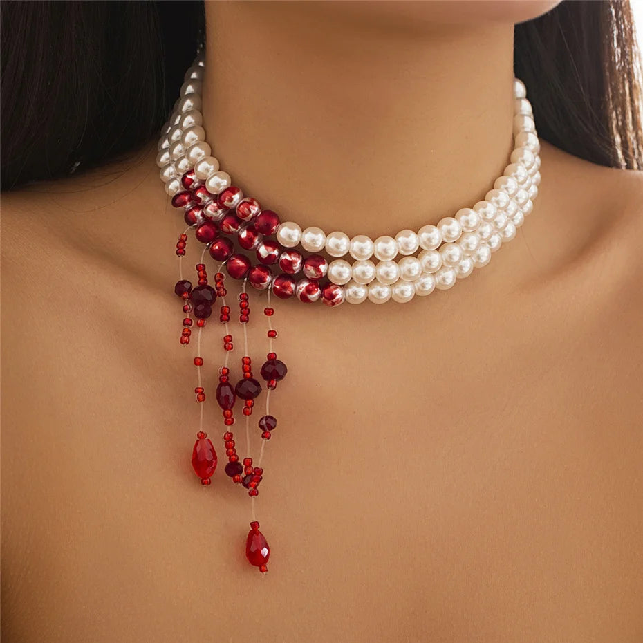 Multilayer Gothic Red Blood Tassel Necklace – Imitation Pearl &amp; Crystal Bead Pendant for Women, Perfect Halloween Jewelry