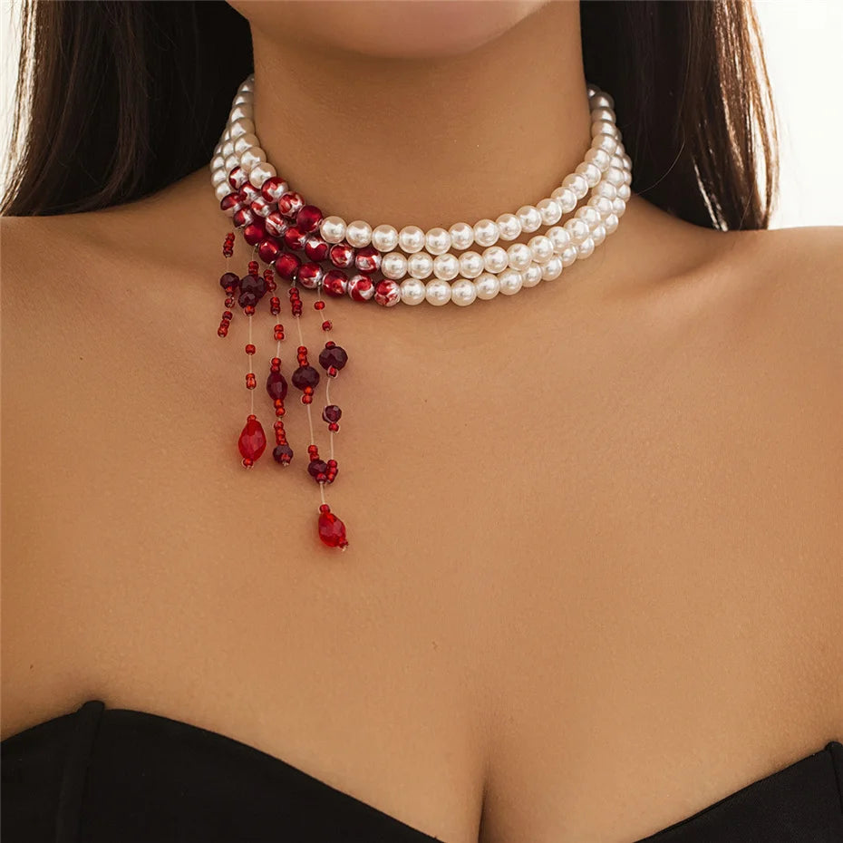 Multilayer Gothic Red Blood Tassel Necklace – Imitation Pearl &amp; Crystal Bead Pendant for Women, Perfect Halloween Jewelry