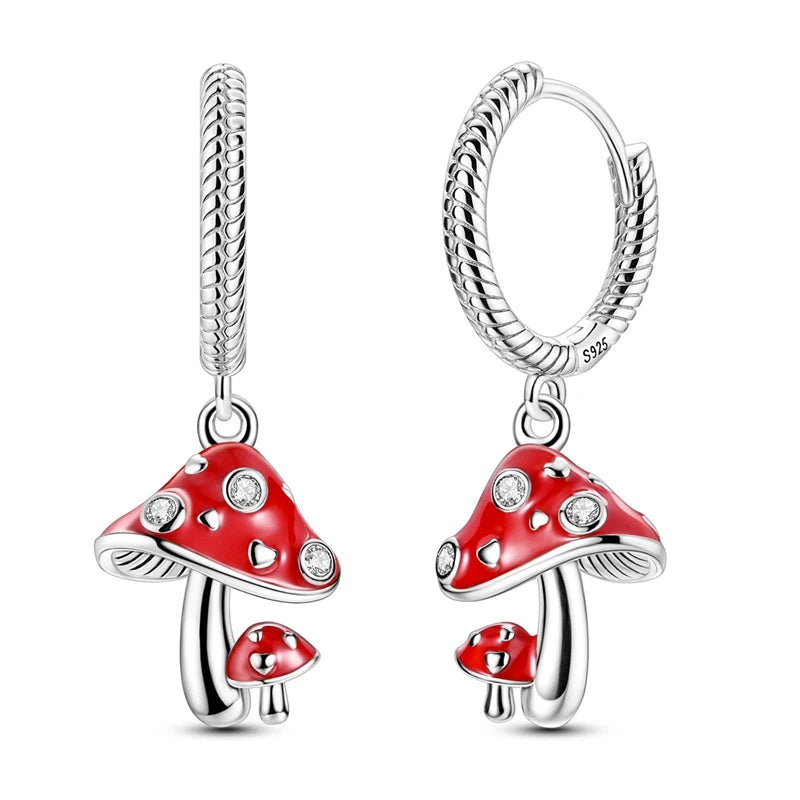 Original 925 Sterling Silver Fruit Hoop Earrings for Women, Cute Cherry Strawberry and Mushroom Charm Earrings, Fashion Jewelry Gift