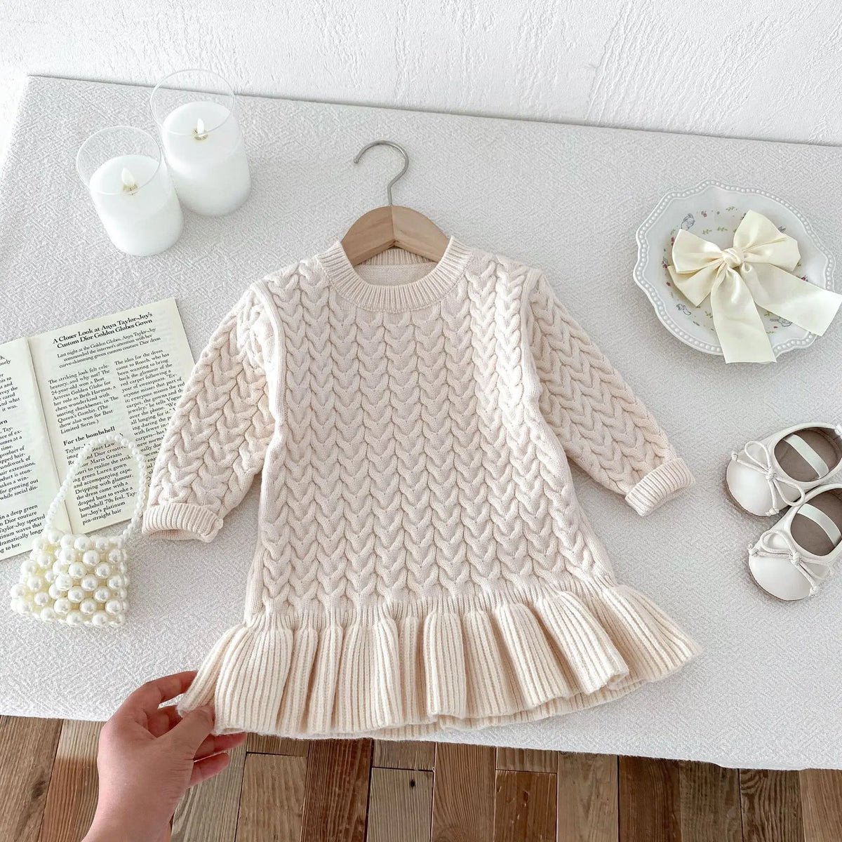 Autumn and Winter Korean Girls Sweater Dress – Long Sleeve Knitted Ruffle Dress with Twist Design and Round Neck