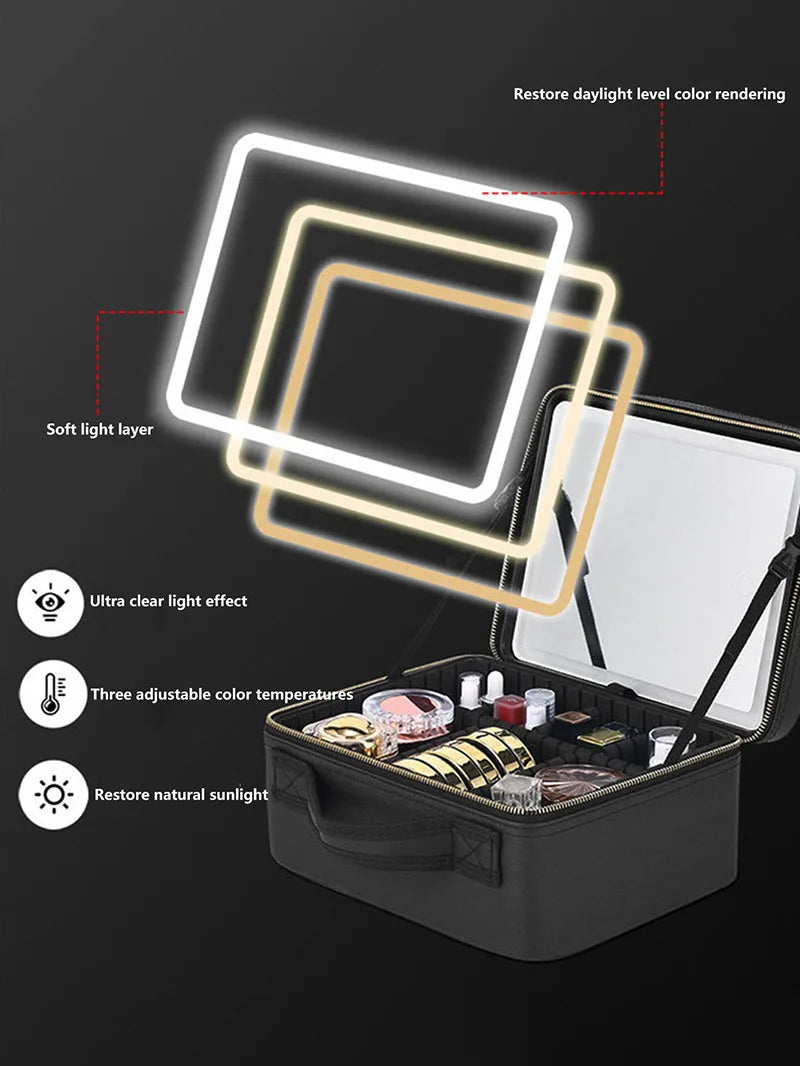 Smart LED Makeup Case with Mirror - Large Capacity Travel Cosmetic Bag