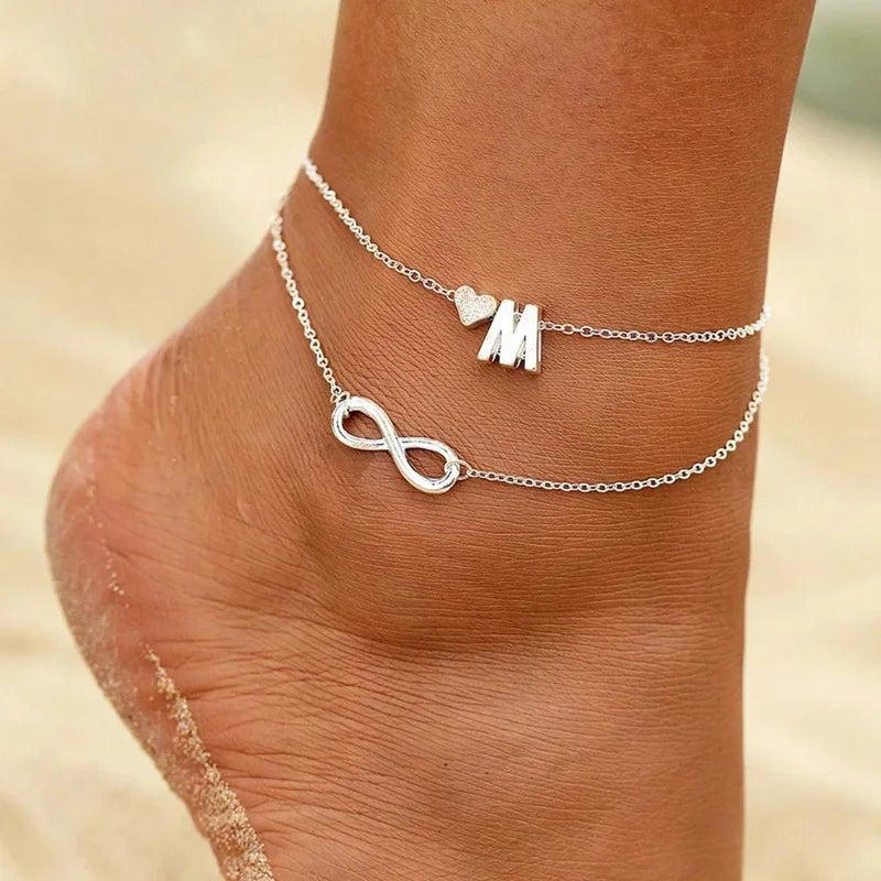 Initial Heart Anklet – Silver Letter Charm Leg Chain for Women, Perfect for Beach &amp; Travel