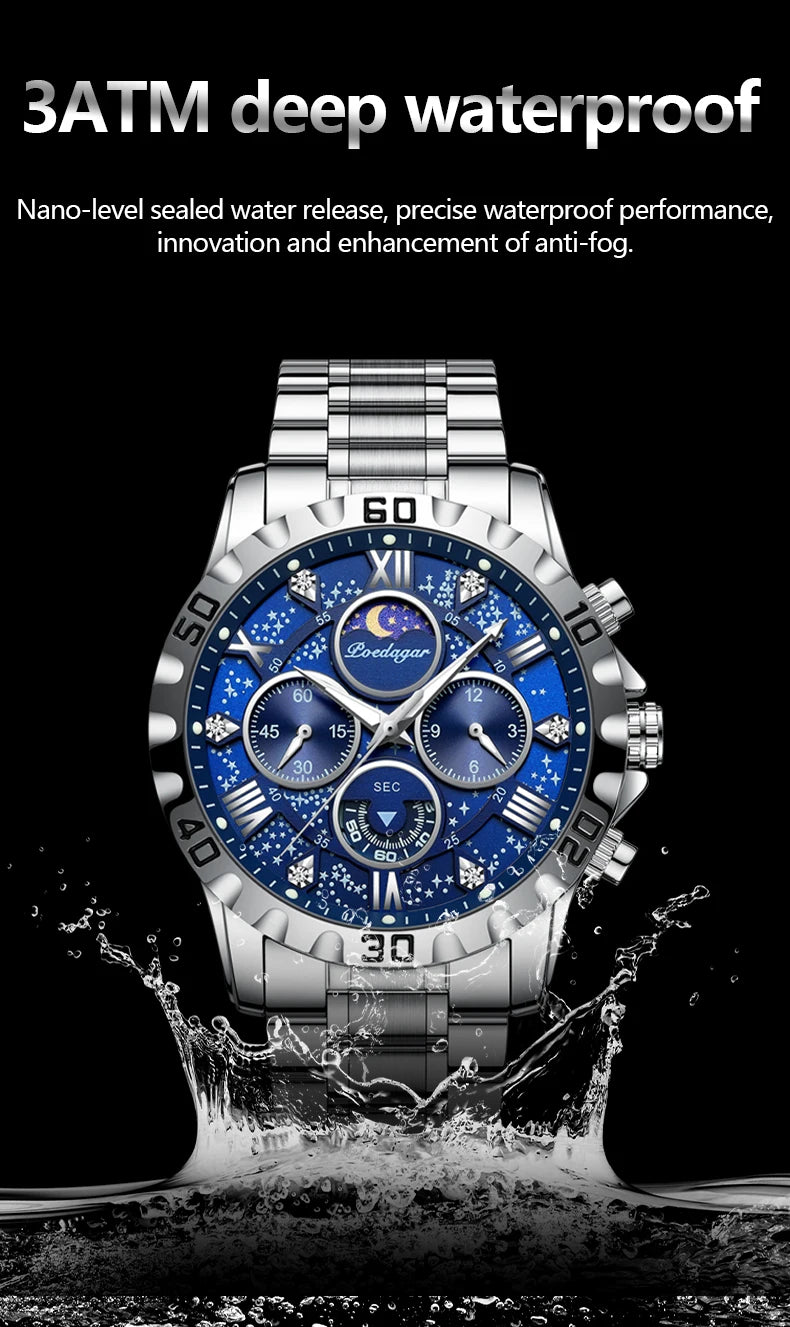 Luxury Men&#39;s Quartz Sports Watch – Waterproof Luminous Stainless Steel Chronograph