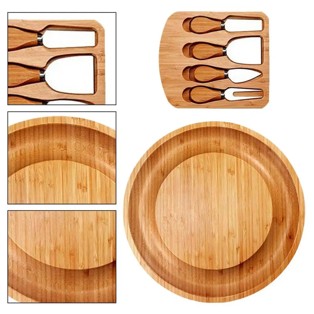 Bamboo Cheese Board Set: Includes Cheese Knife, Slicer, Fork, and Scoop – Perfect Kitchen Tools for Serving and Cutting Cheeses