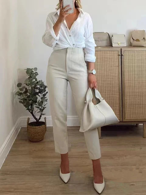 Women’s Casual Solid Pants: Vintage High-Waist Ankle Trousers with Pockets