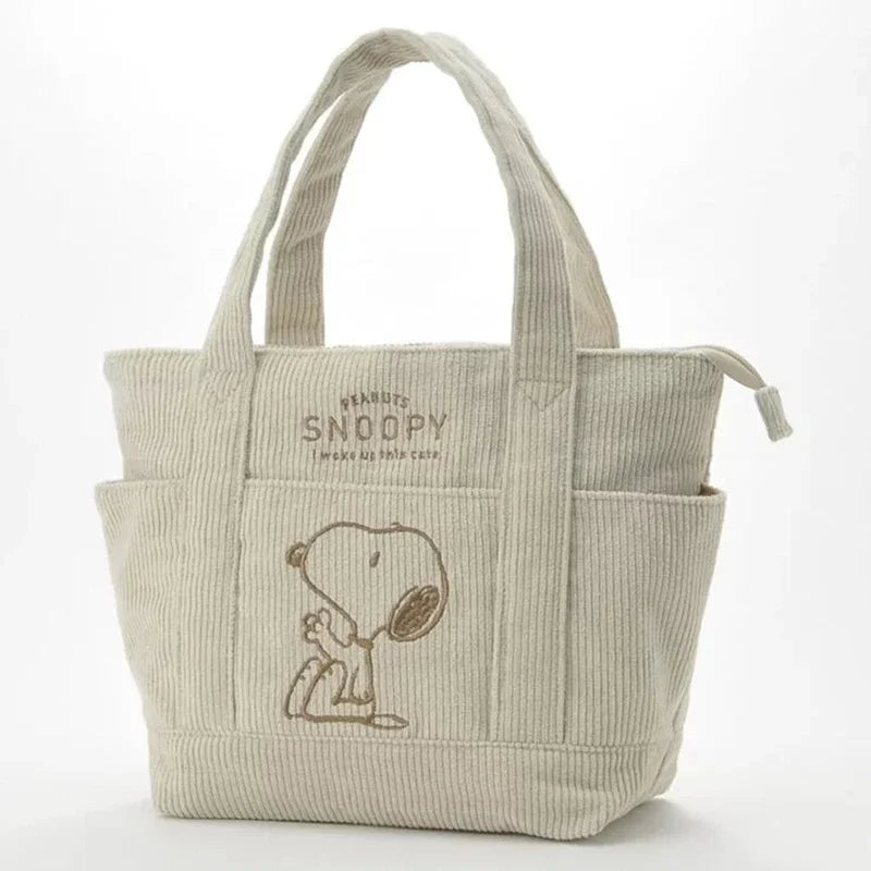 MINISO Disney Snoopy Corduroy Tote Bag - Casual Large Capacity Zipper Shoulder Handbag for Students