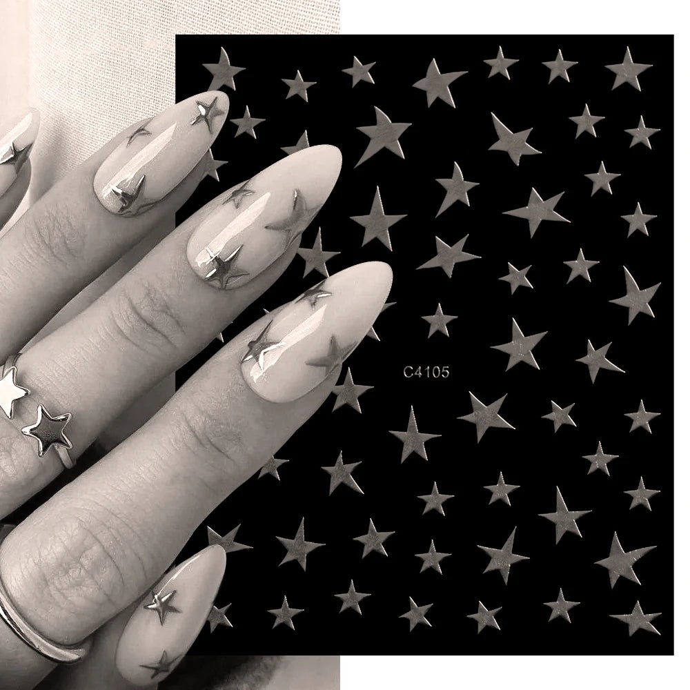 Holographic Silver Star Nail Stickers - Self-Adhesive DIY Manicure Decals